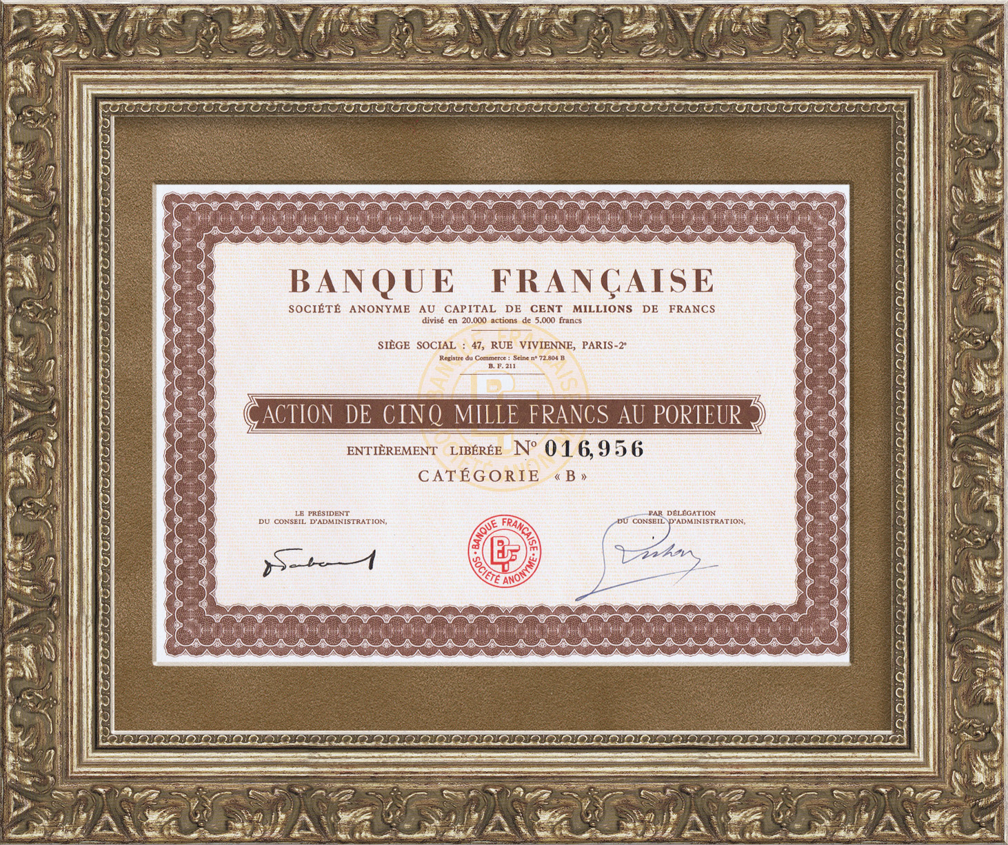 фото Акция банка banque francaise на 5000 франков, полный купонный лист франция