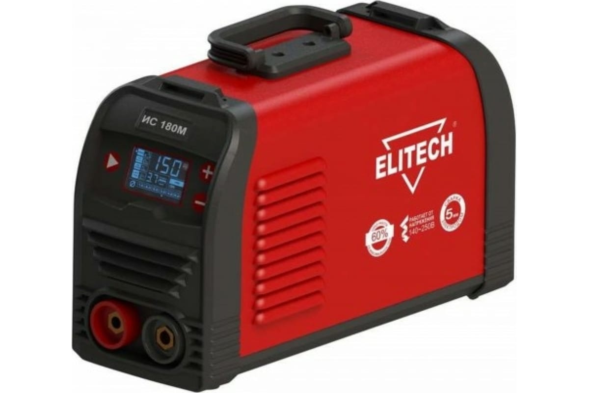 

ELITECH ИС 180М (E1703.016.00) Инвертор,140-250В,6.1кВт,20-180А,ПВ=180А/60%,O1.6-5мм,2.7кг