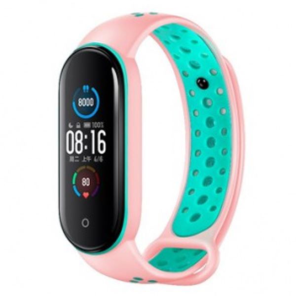 

Ремешок силиконовый перфорированный NK для Xiaomi Mi Band 5 (6), пудровый+зеленый,