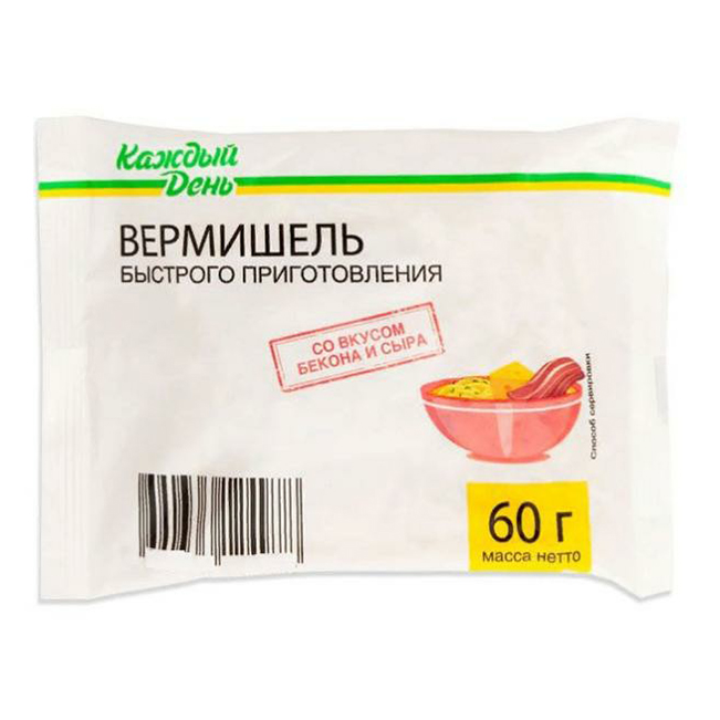 

Вермишель Каждый День со вкусом бекона и сыра быстрого приготовления 60 г