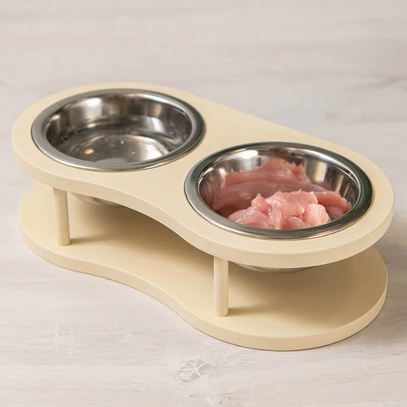 Миска для кошек Котомото двойная, на деревянной основе, сталь, бежевая, 2 по 0,26 л