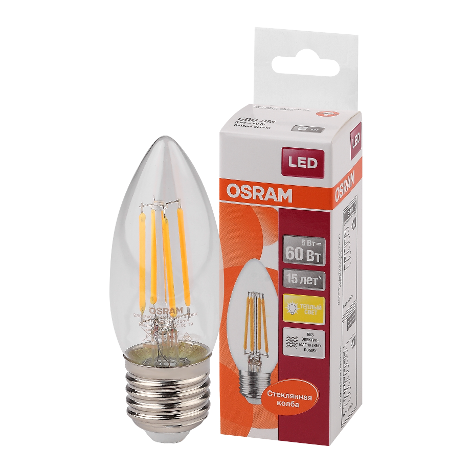 Филаментная лампа е27 Osram LED Star, 600лм, 5Вт, 2700K, теплый свет, Цоколь E27, свеча