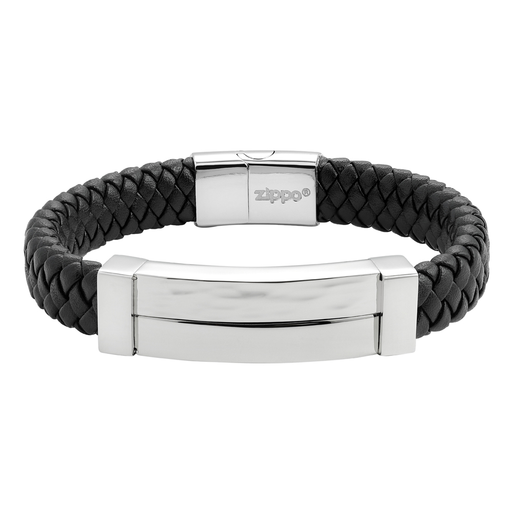 фото Браслет из стали/натуральной кожи р.22 zippo steel bar braided leather bracelet