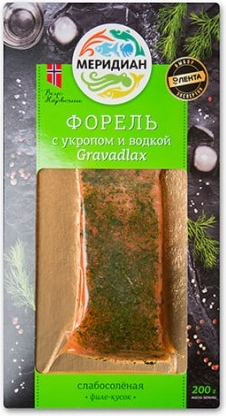 

Форель Меридиан Гравадлакс с укропом и водкой слабосоленая 200 г