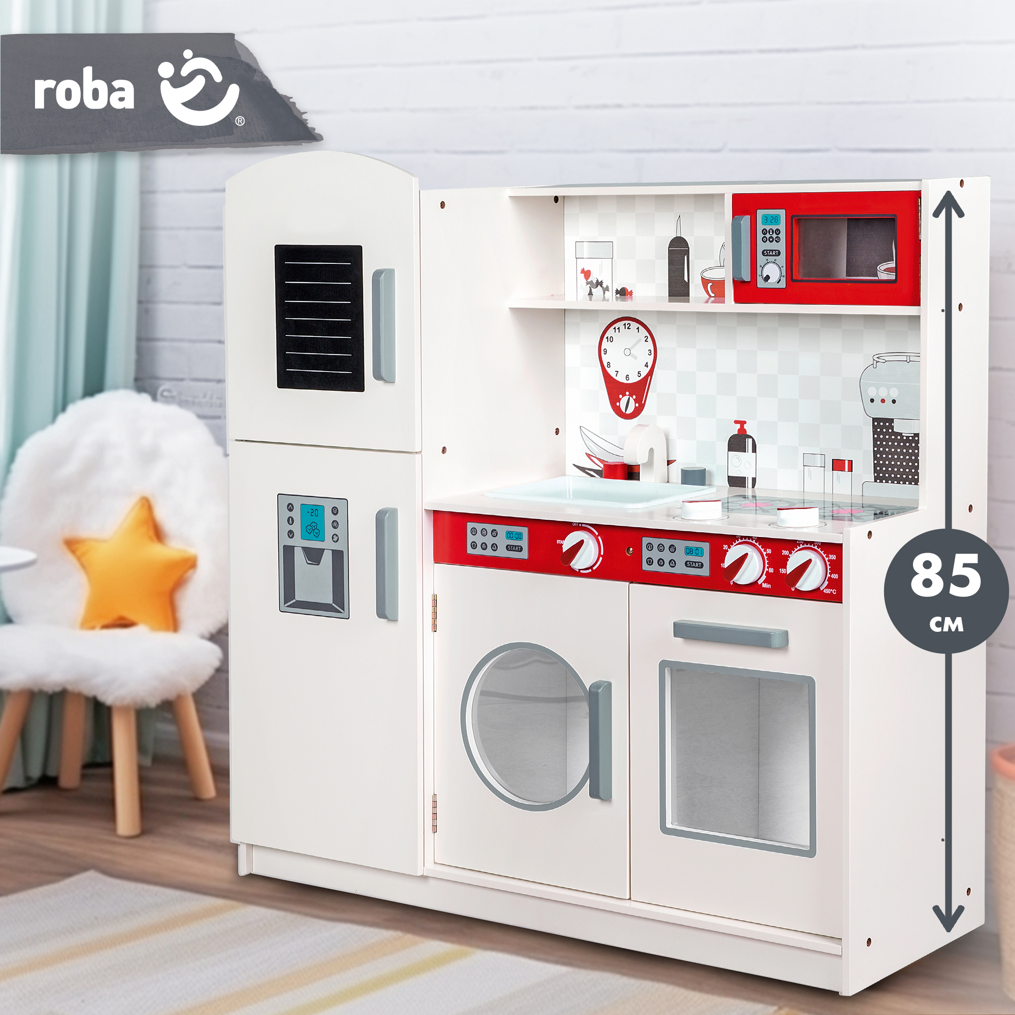 Кухня детская игровая Большая Roba, белый/красный