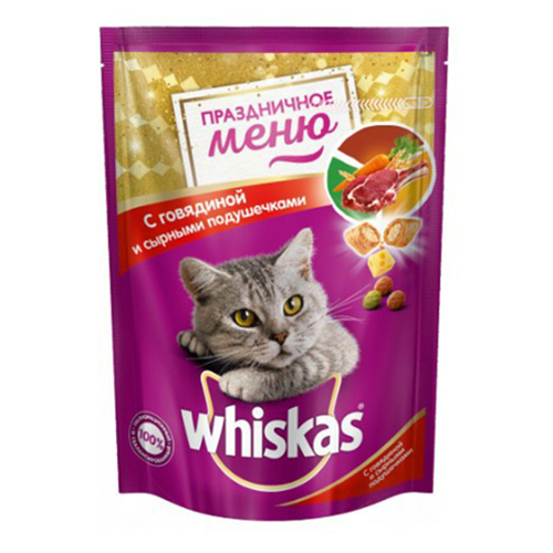 фото Сухой корм для кошек whiskas праздничное меню говядина-сырные подушечки, 225 г