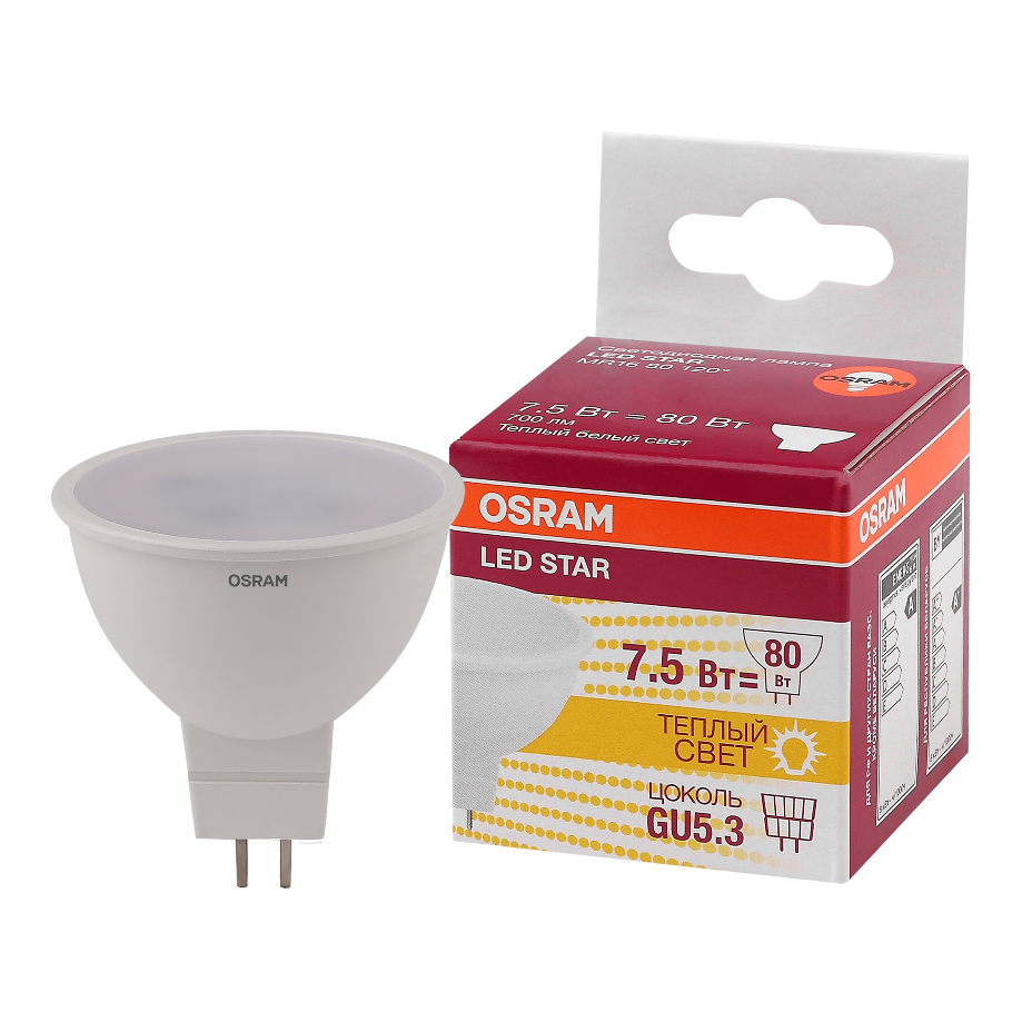 

Лампочка светодиодная OSRAM LED Star MR16, 700лм, 7.5Вт, 3000К теплый свет, цоколь GU5.3