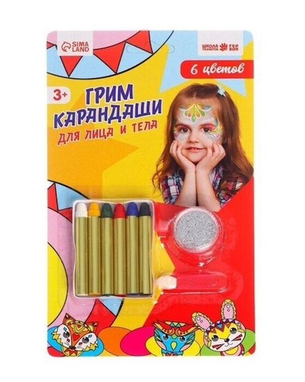 

Грим карандаши для лица и тела Школа талантов 6 цветов, блестки, аппликатор, Разноцветный