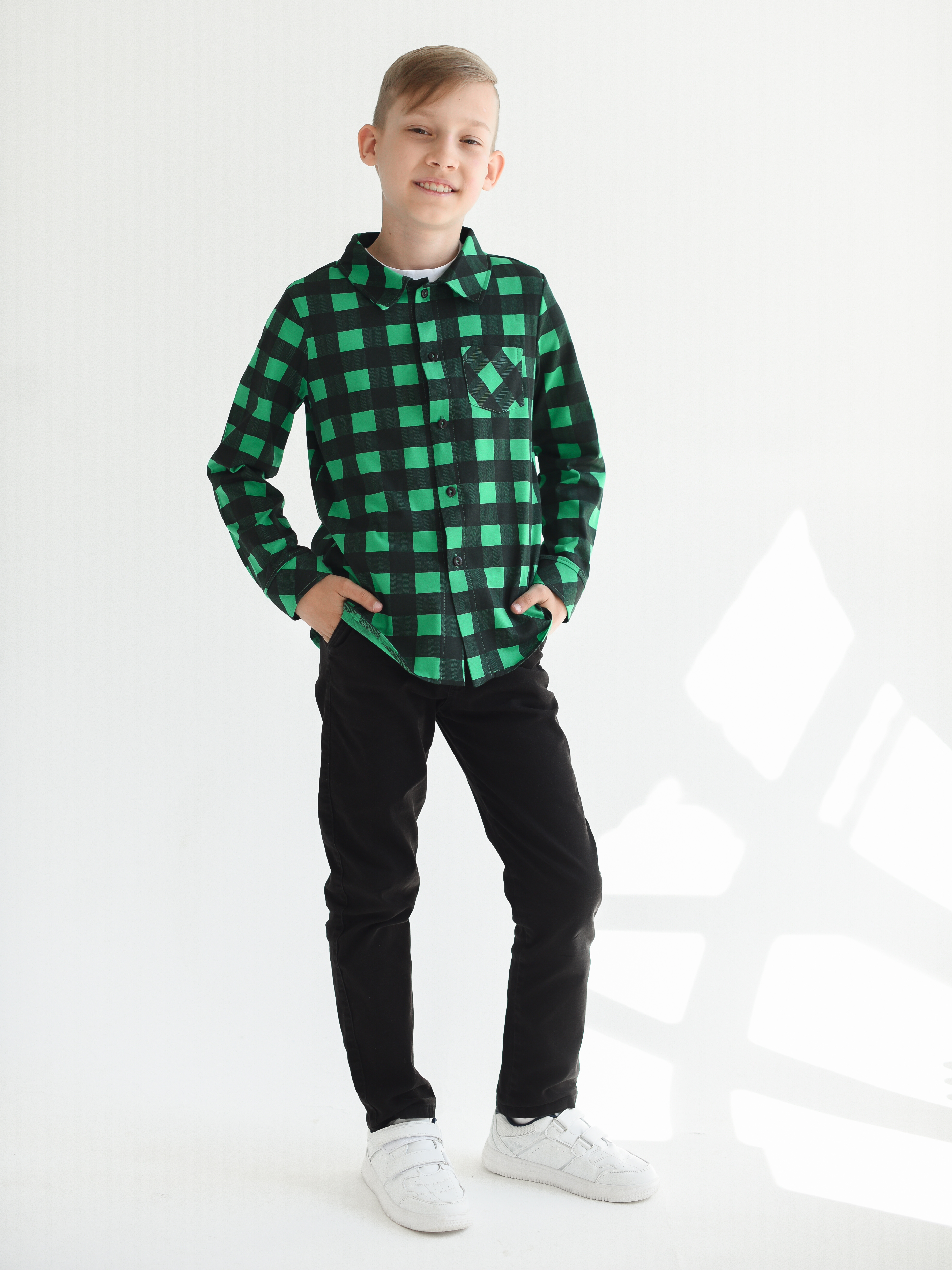 Рубашка детская LikeRostik Клетка, зеленый, 146