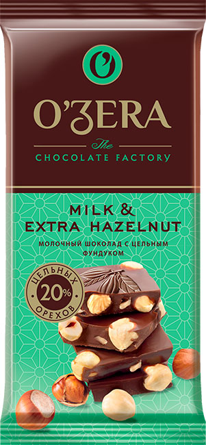 Шоколад O’Zera Milk Extra and Hazelnut молочный, с цельным фундуком, 90 г