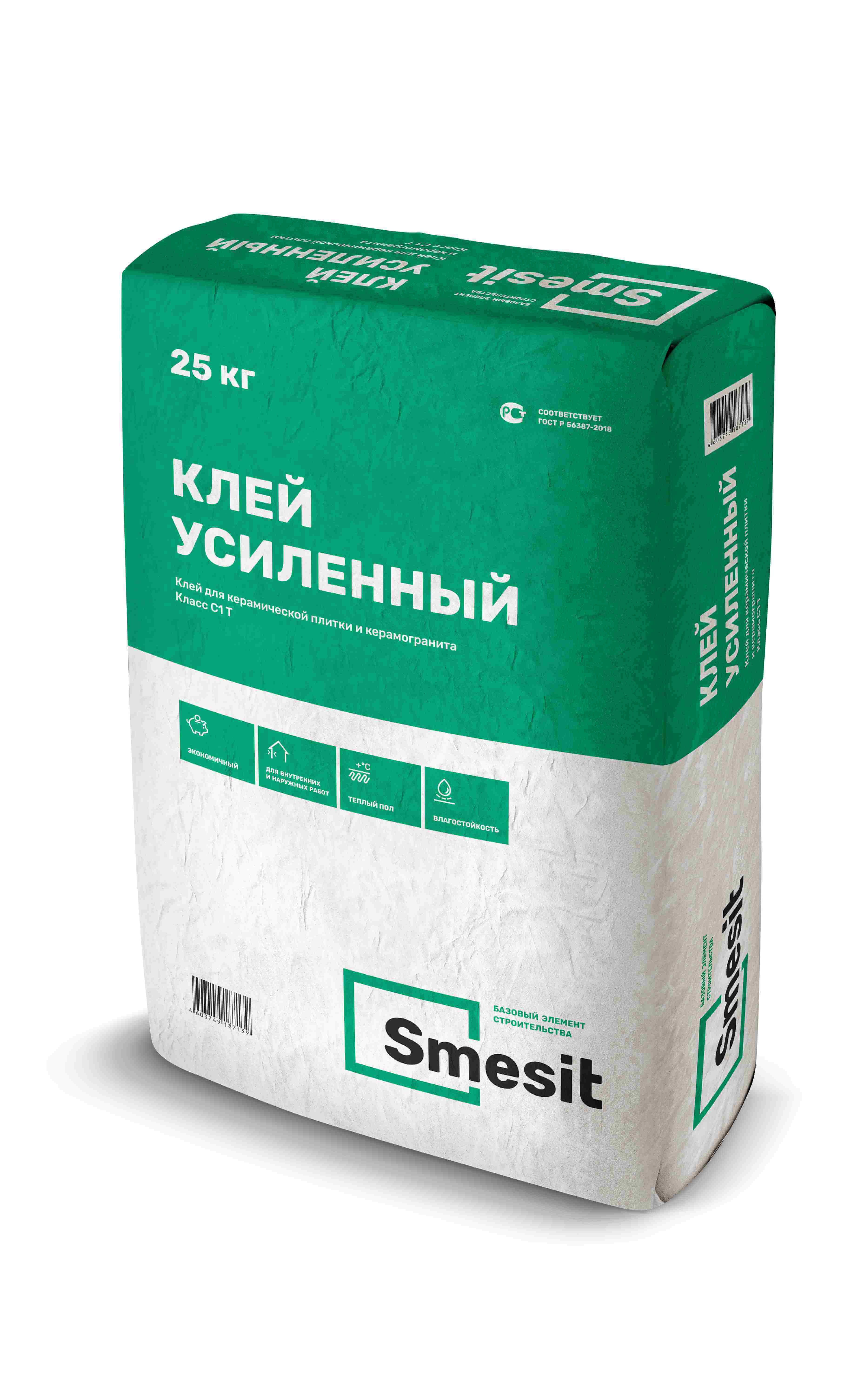 

Клей для плитки Smesit Усиленный (C1 T), 25кг, Белый