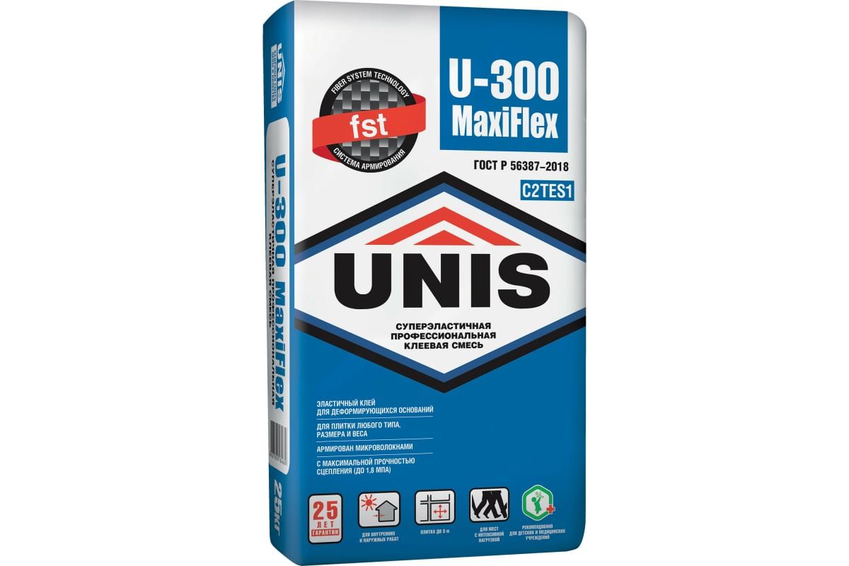 

Клей для плитки эластичный UNIS U-300 MAXIFLEX (С2 ТЕ S1) армир., 25кг, Белый
