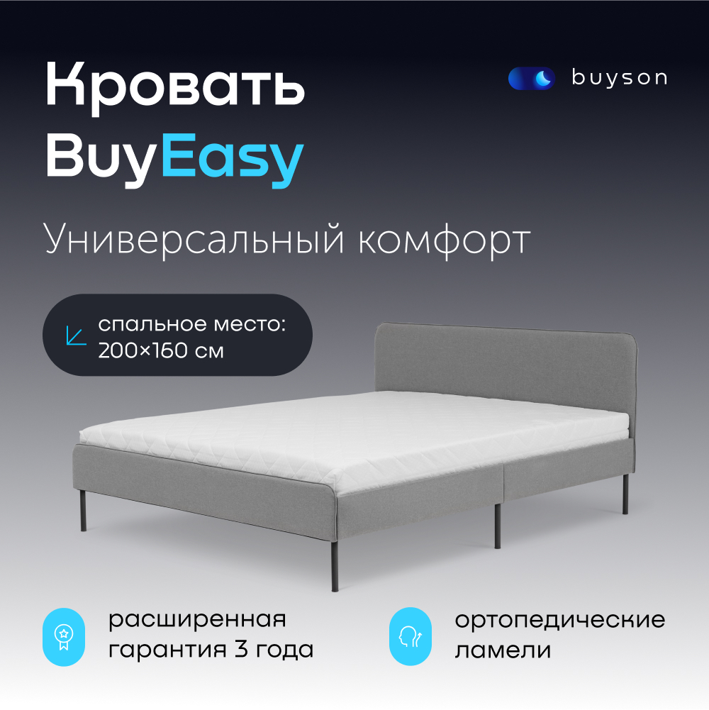 фото Двуспальная кровать buyson buyeasy 160х200 см, серая, рогожка