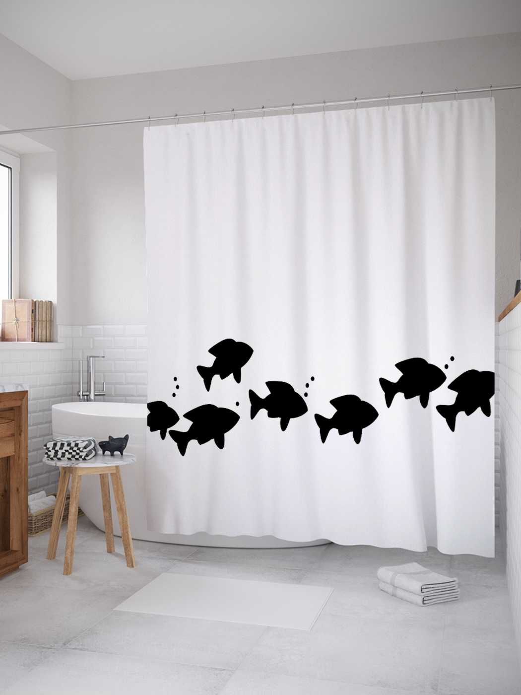 

Штора для ванной JoyArty "Скрытные рыбы" из сатена, 180х200 см с крючками, Белый