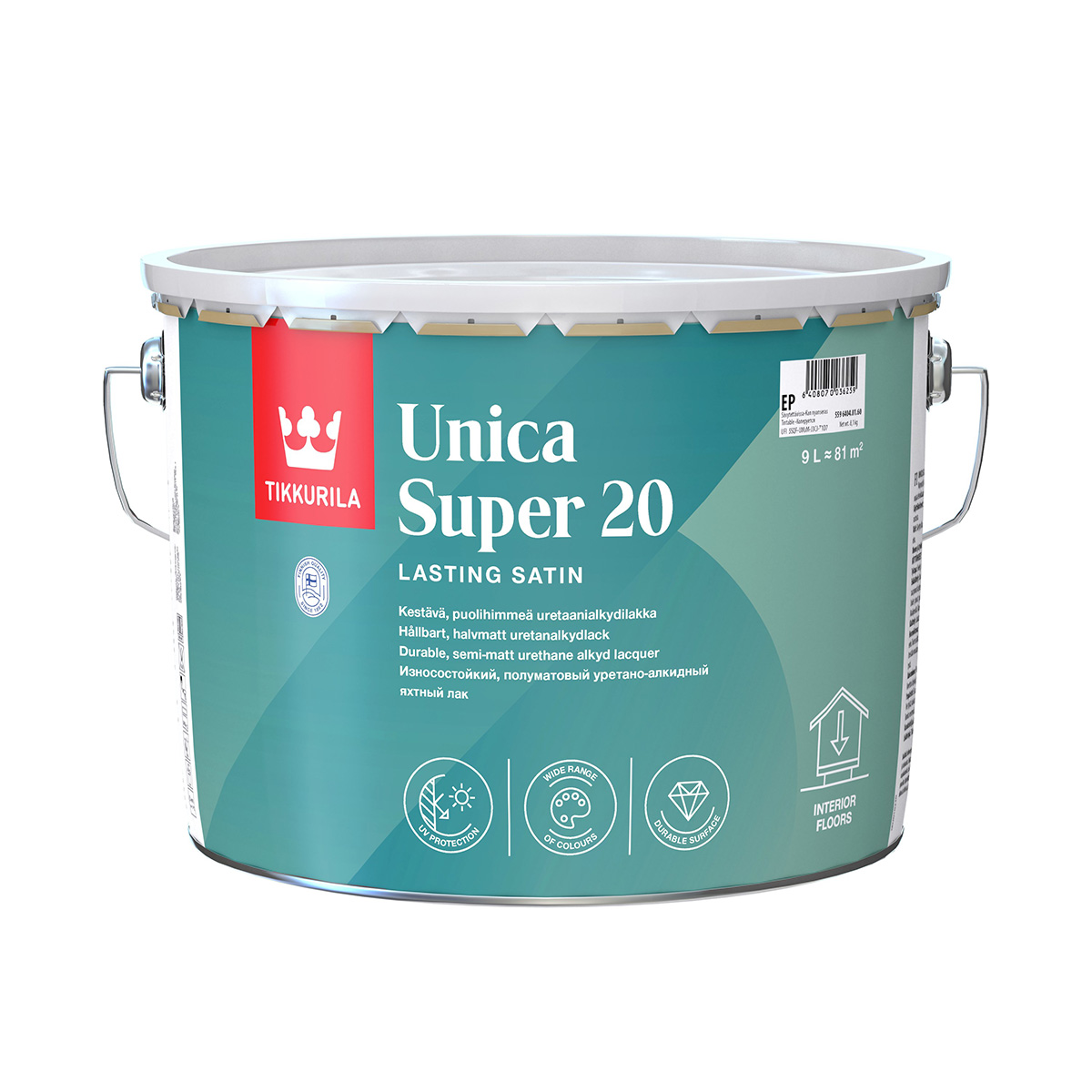 фото Лак уретано-алкидный tikkurila unica super strong 20, полуматовый, база ep, бесцв., 9 л