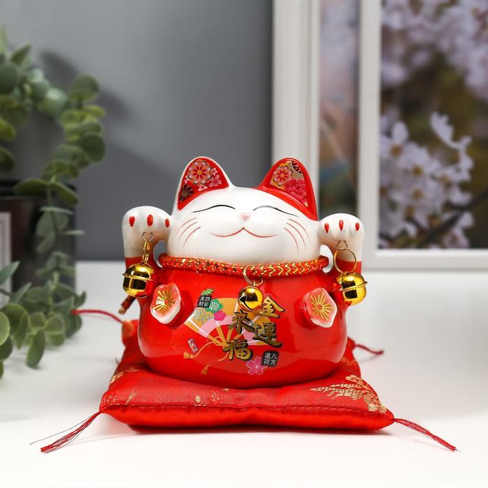 фото Сувенир керамика копилка "красный кот манэки-нэко с колокольчиками" 11,5х11,5х9,5 см nobrand