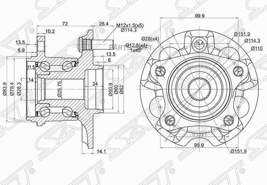 

SAT ST4241048041 Ступичный узел задн. TOYOTA KLUGER/HARRIER CU25, CU35 03-