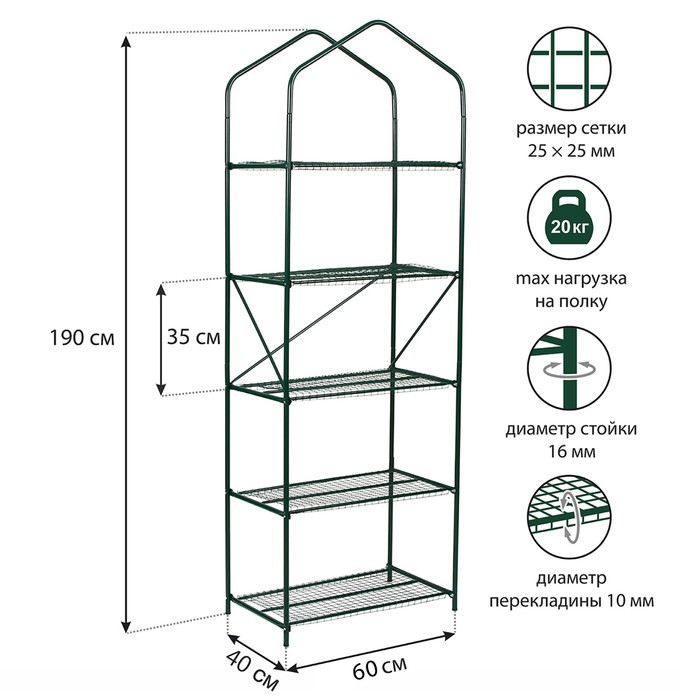 фото Парник-стеллаж, 5 полок, 190 ? 65 ? 40 см, металлический каркас d = 16 мм, чехол спанбонд весна