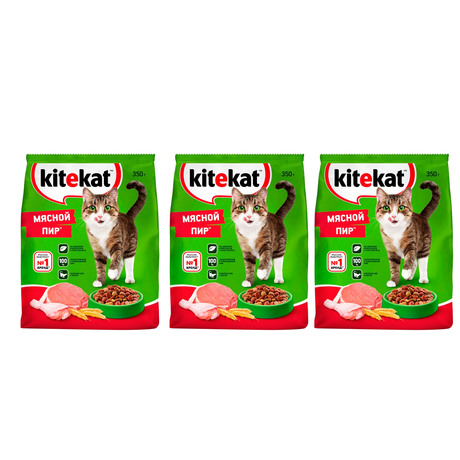 фото Сухой корм для кошек kitekat мясной пир 3 шт по 350 гр