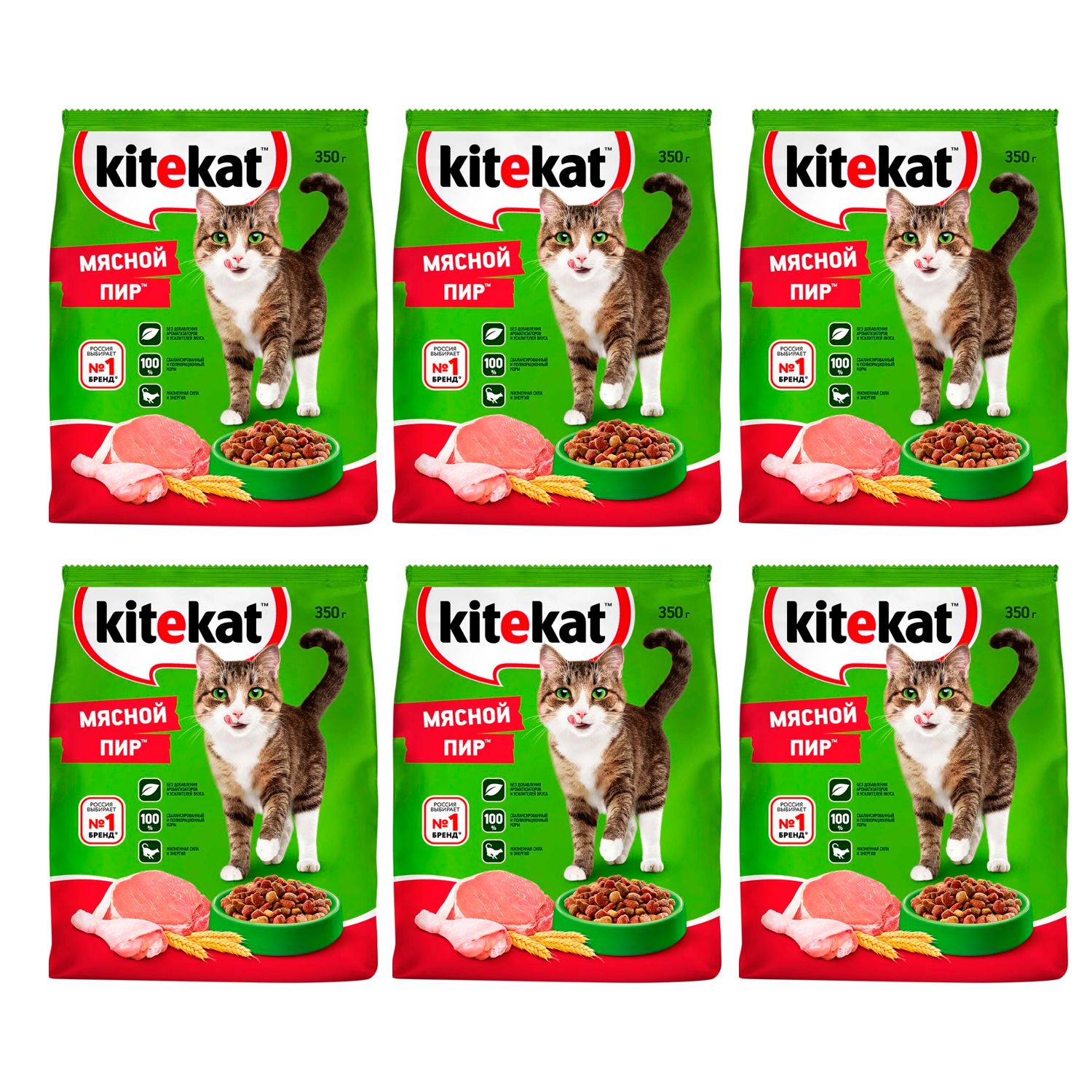 фото Сухой корм для кошек kitekat мясной пир 6 шт по 350 гр