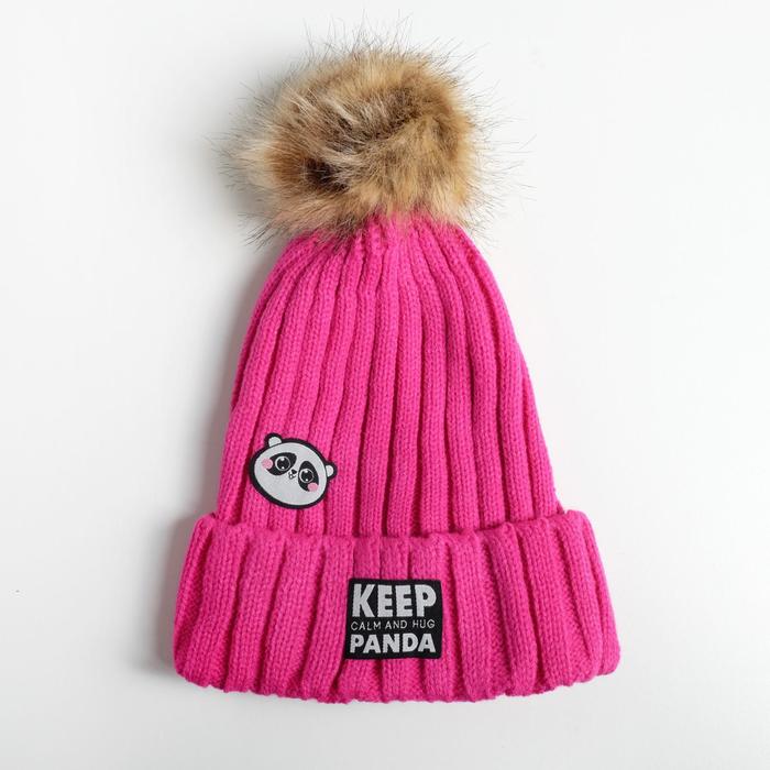 

Шапка бини женская Beauty Fox Keep calm and hug panda" розовая, Розовый, Keep calm and hug panda"