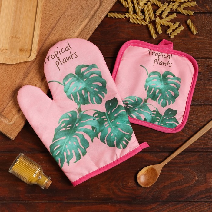 

Кухонный набор 2 предмета Доляна "Tropical" цвет розовый прихватка 17х17 см, варежка 25х16, Разноцветный