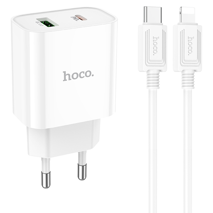 

Сетевое зарядное устройство HOCO C80A Plus 1xUSB + 1xUSB-C, Type-C - Lightning, белый, C80A Plus