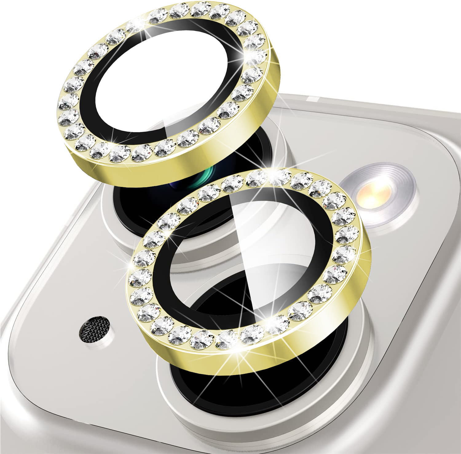

Защитное стекло на камеру iPhone 15 со стразами, золотистый