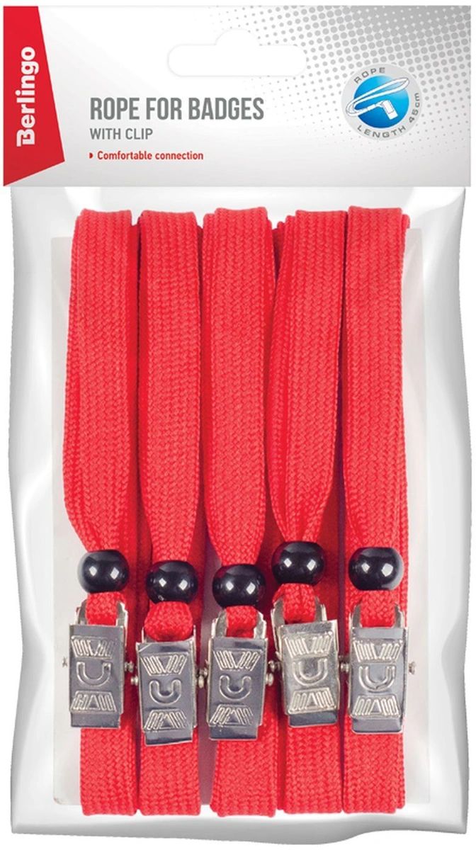 

Набор шнурков для бейджей Berlingo, 45см, с клипсой, красные, 5шт., Красный, PDk_00008