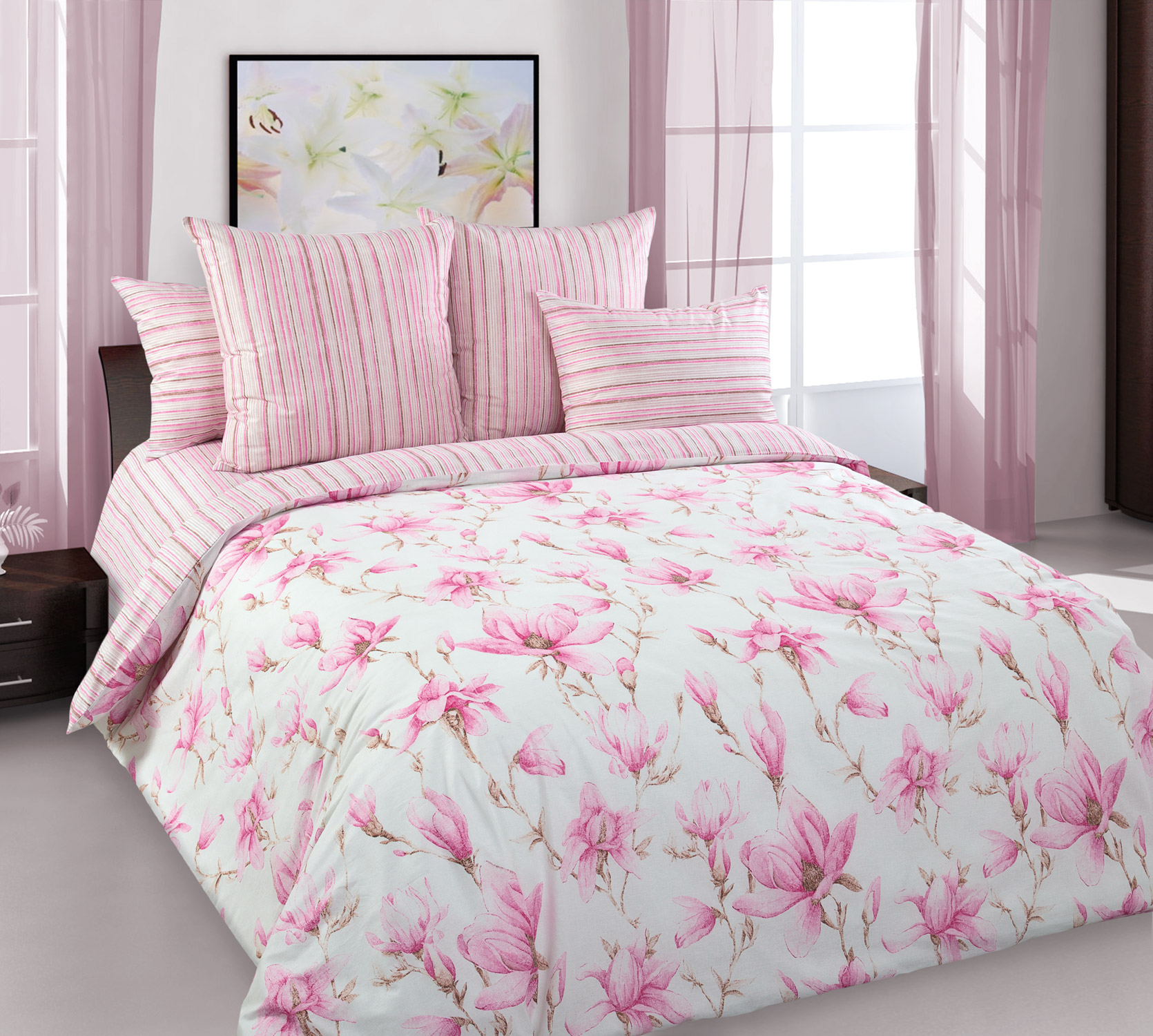 

Постельное белье Ульяна 1, перкаль, Евро стандарт, наволочки 50х70, серия Цветы средние перкаль