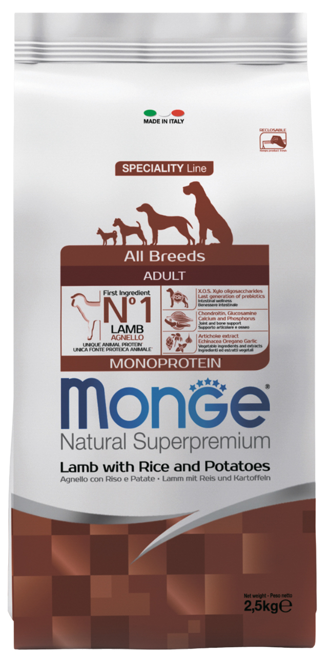 

Сухой корм для взрослых собак Monge Dog Monoprotein ягненок, рис и картофель, 2,5 кг