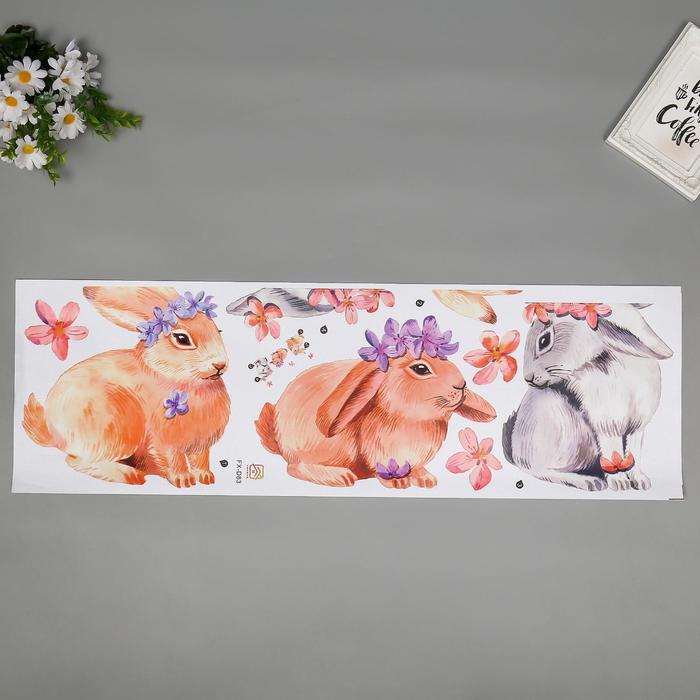 

пластик, цветная, Милые кролики с цветочками, 30х90 см