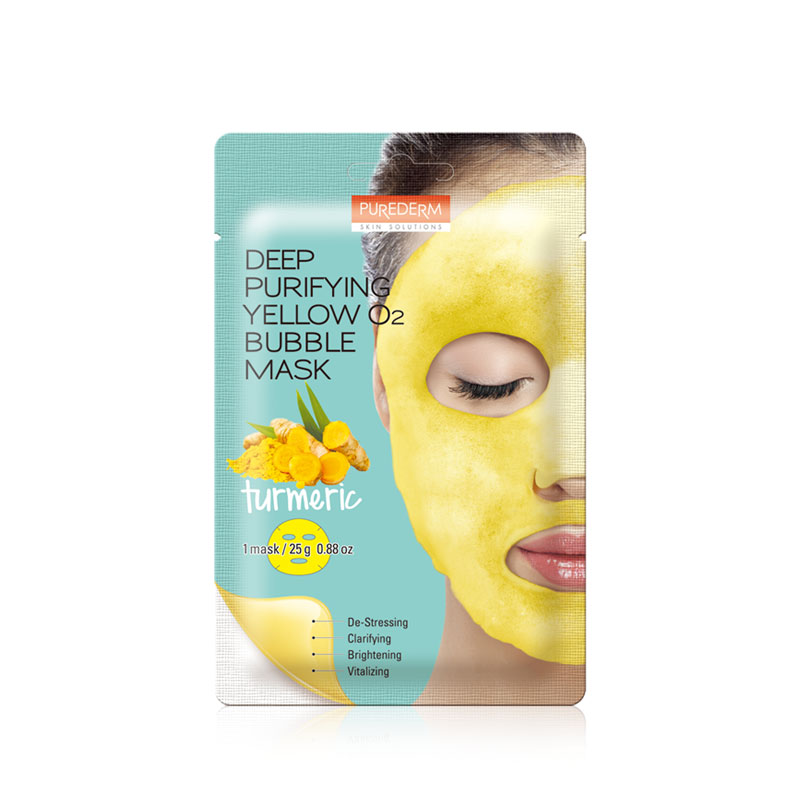 фото Тканевая маска purederm deep purifying yellow o2 bubble mask turmeric, 3 шт