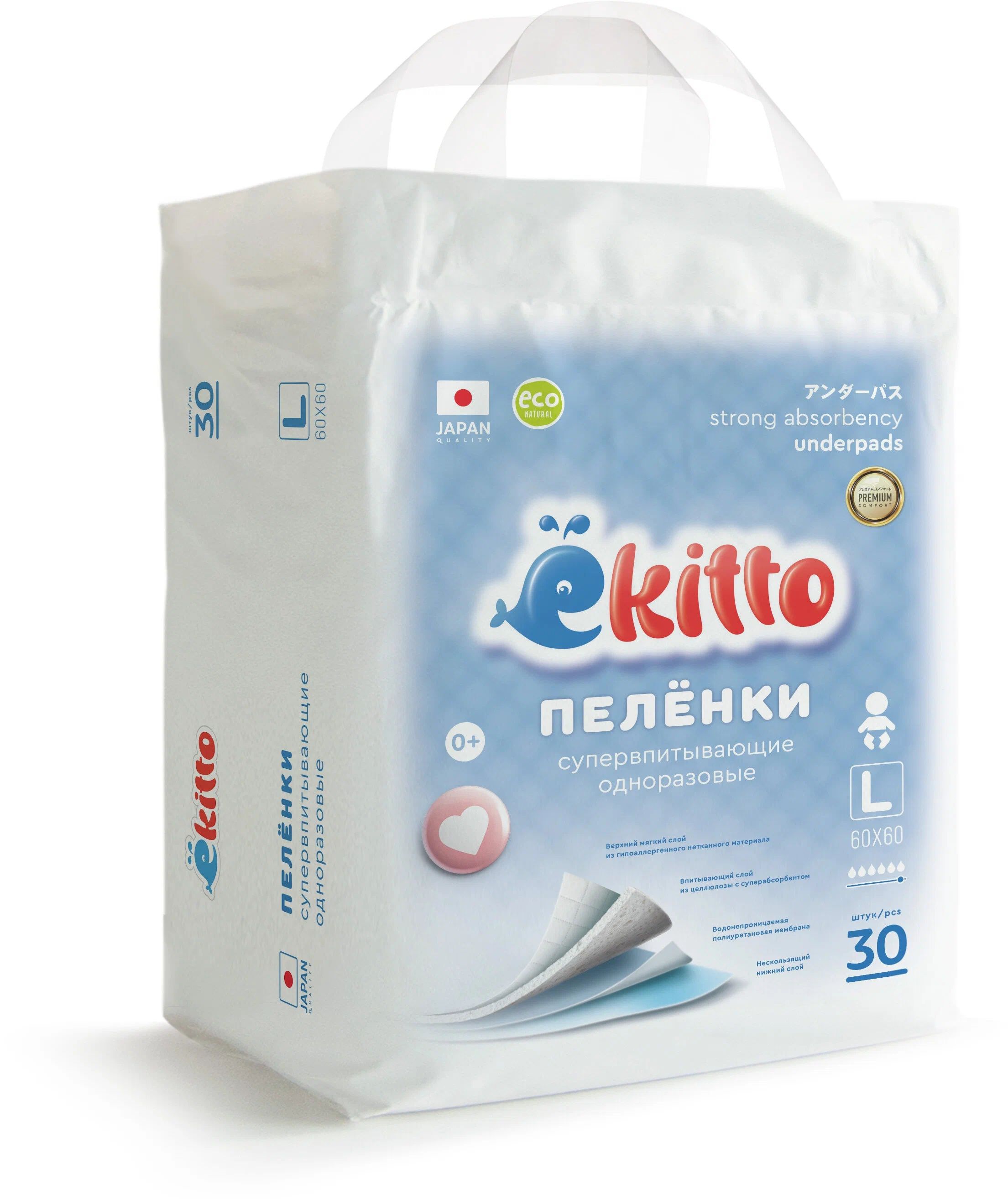 Пеленки одноразовые для новорожденных Ekitto впитывающие 60х60 30 шт
