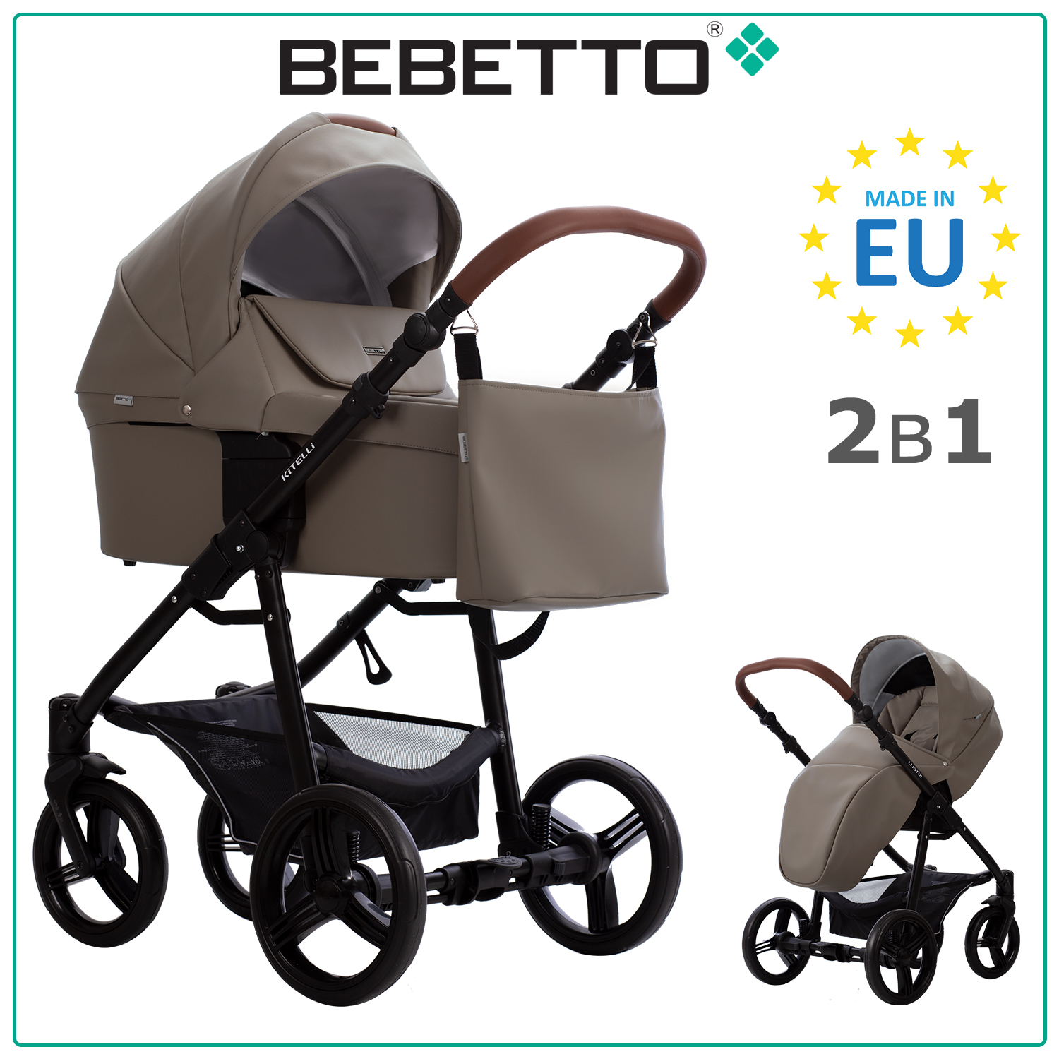Детская коляска 2 в 1 Bebetto Kitelli PRO 04, бежево-коричневая экокожа, рама черная