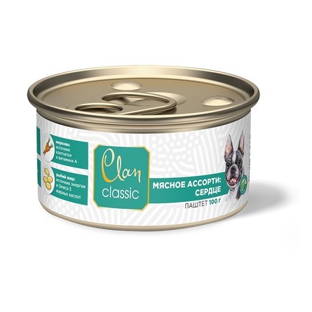 

Clan Classic Паштет для взрослых собак всех пород (мясное ассорти с сердцем), 100 гр