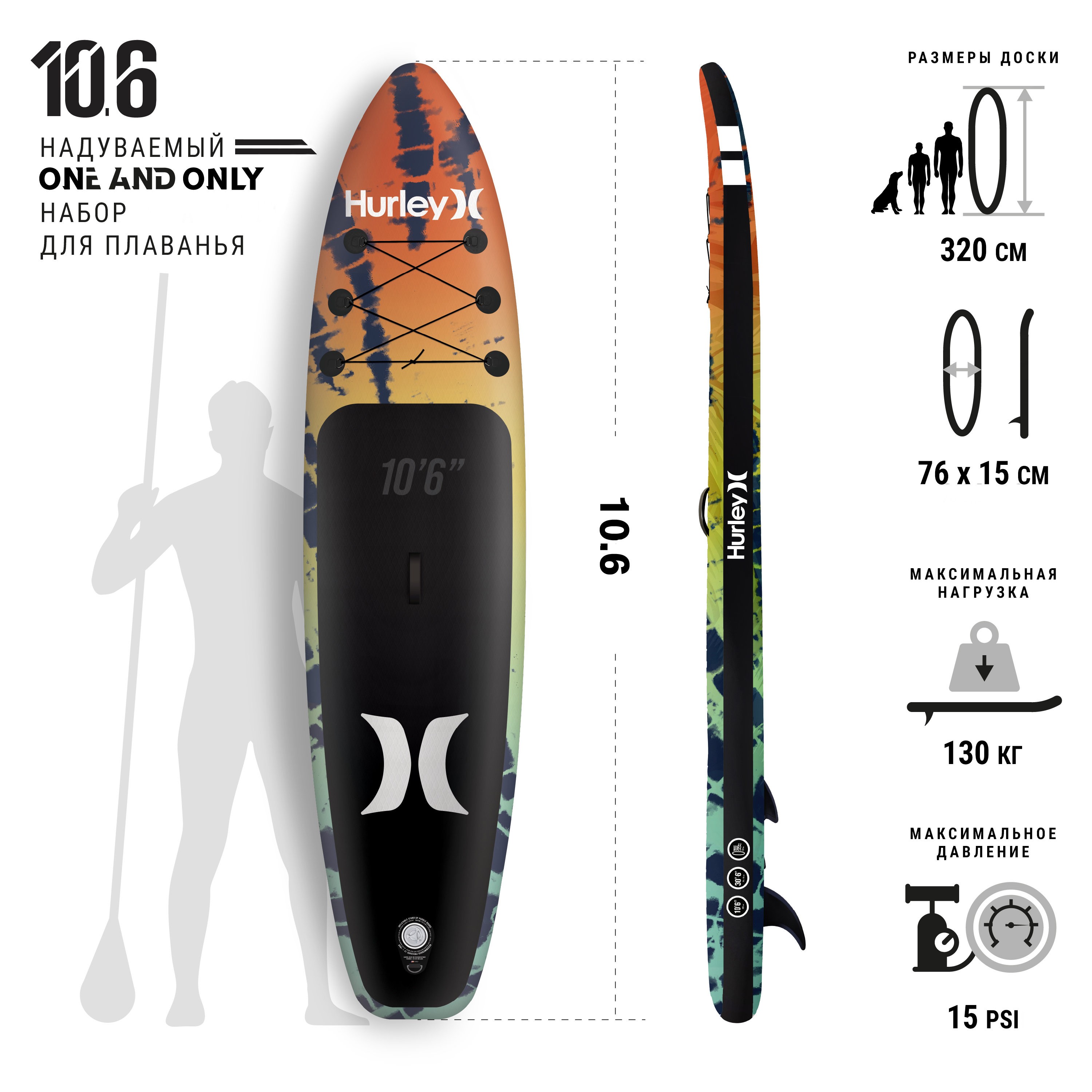 фото Надувная sup-доска (sup board) 10.6 hurley hot curry 320х76х15 см