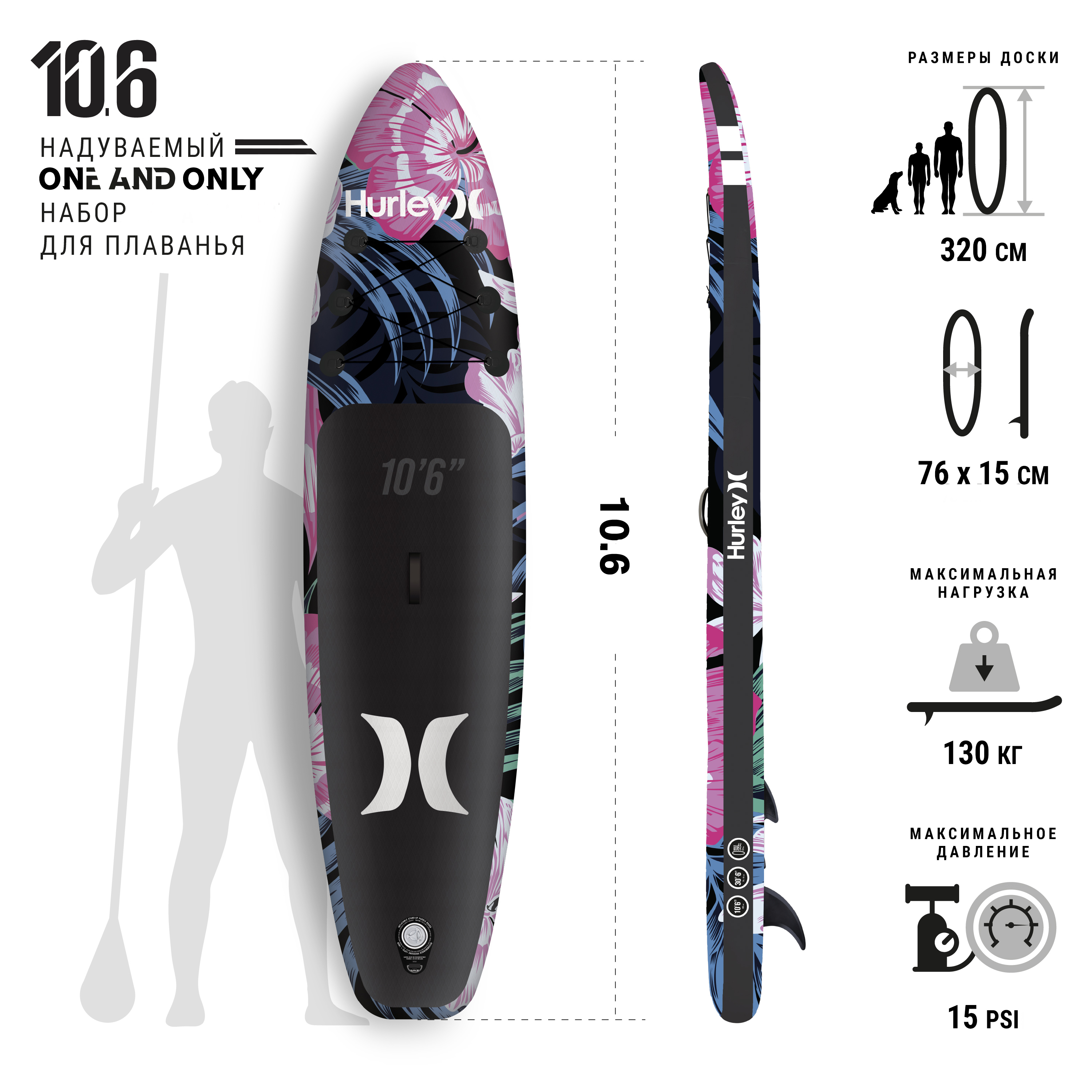 фото Надувная sup-доска (sup board) 10.6 hurley obsidian flora 320х76х15 см