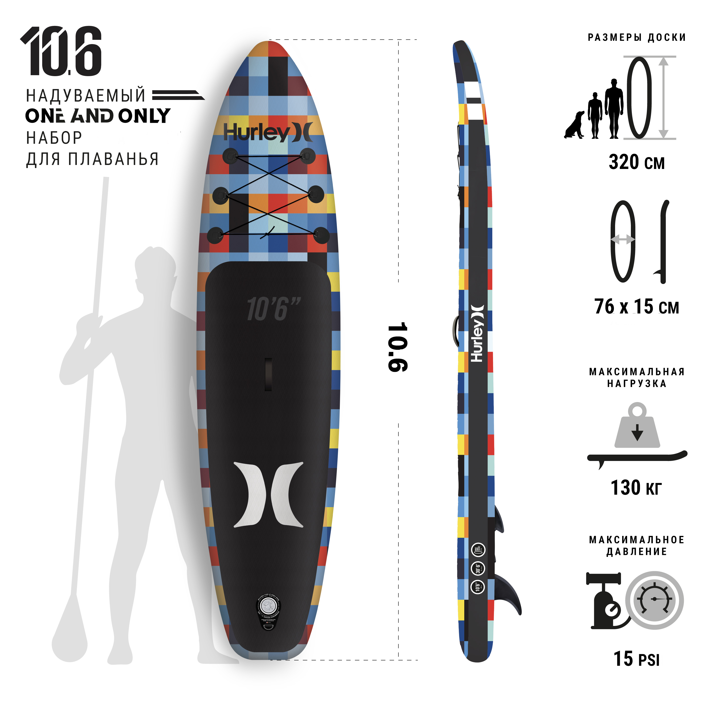 фото Надувная sup-доска (sup board) 10.6 hurley mosaic с рюкзаком, насосом, веслом, плавником