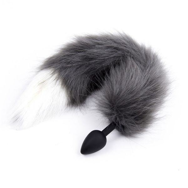 фото Силиконовая анальная пробка kissexpo furry fox черная 3,5 см с серым хвостом