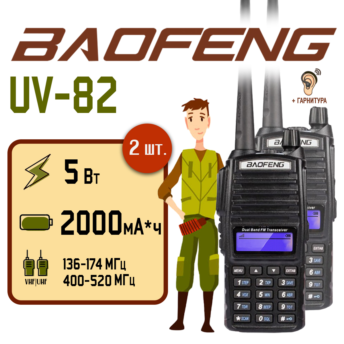 

Портативная рация Baofeng UV-82, черная (комплект 2 шт), Черный, UV-82 5 Вт