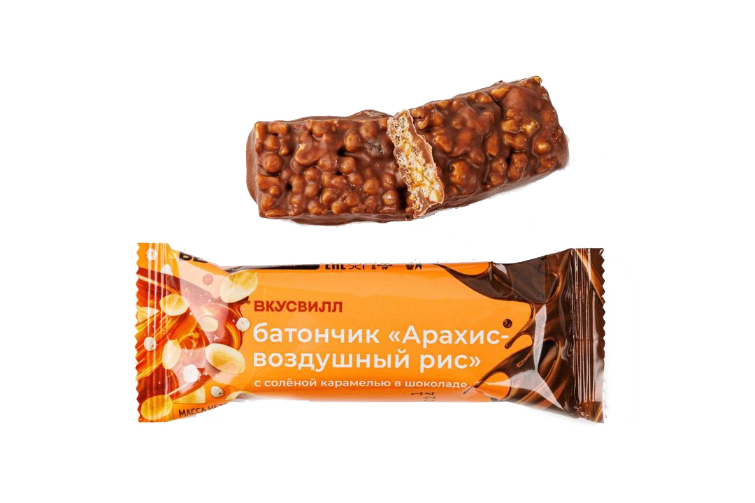 

Батончик ВкусВилл Арахис-воздушный рис с соленой карамелью 38 г
