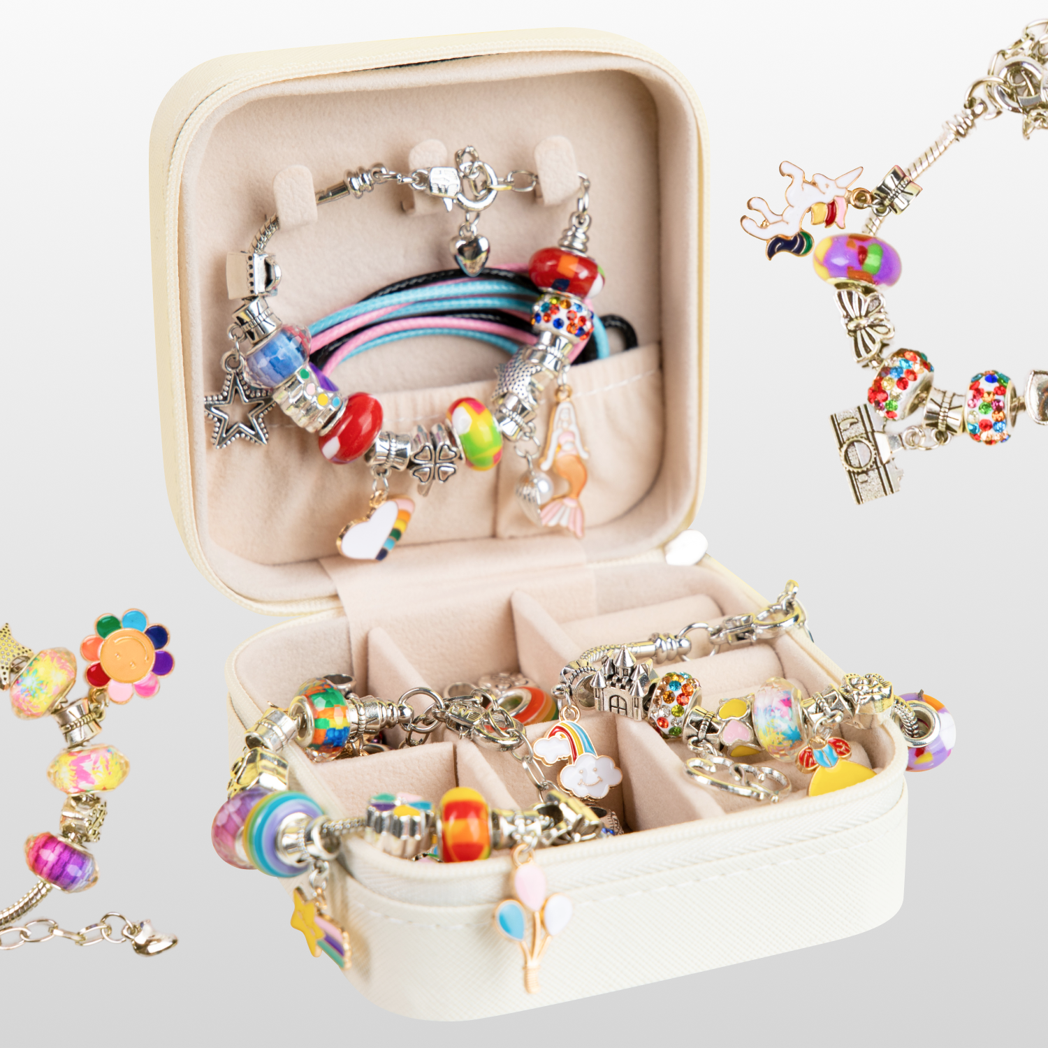 Набор для творчества и создания браслетов в шкатулке состоит из бижутерии цветов радуги