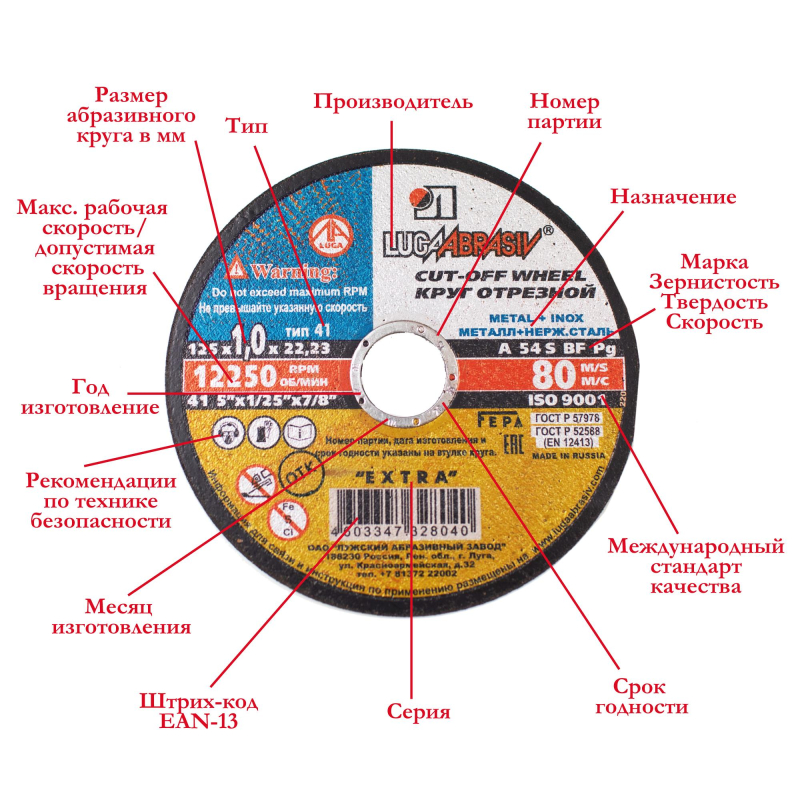 Круг отрезной Луга 41 125x0.8x22.23 A 60 S BF 80 мет.+нерж.(уп.25 шт) 15964