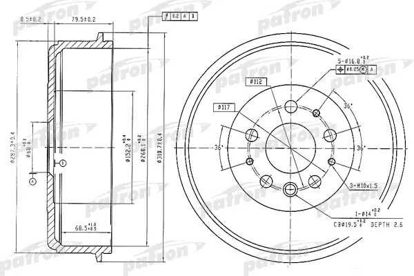 PATRON Барабан тормозной PATRON PDR1210 комплект 1 шт