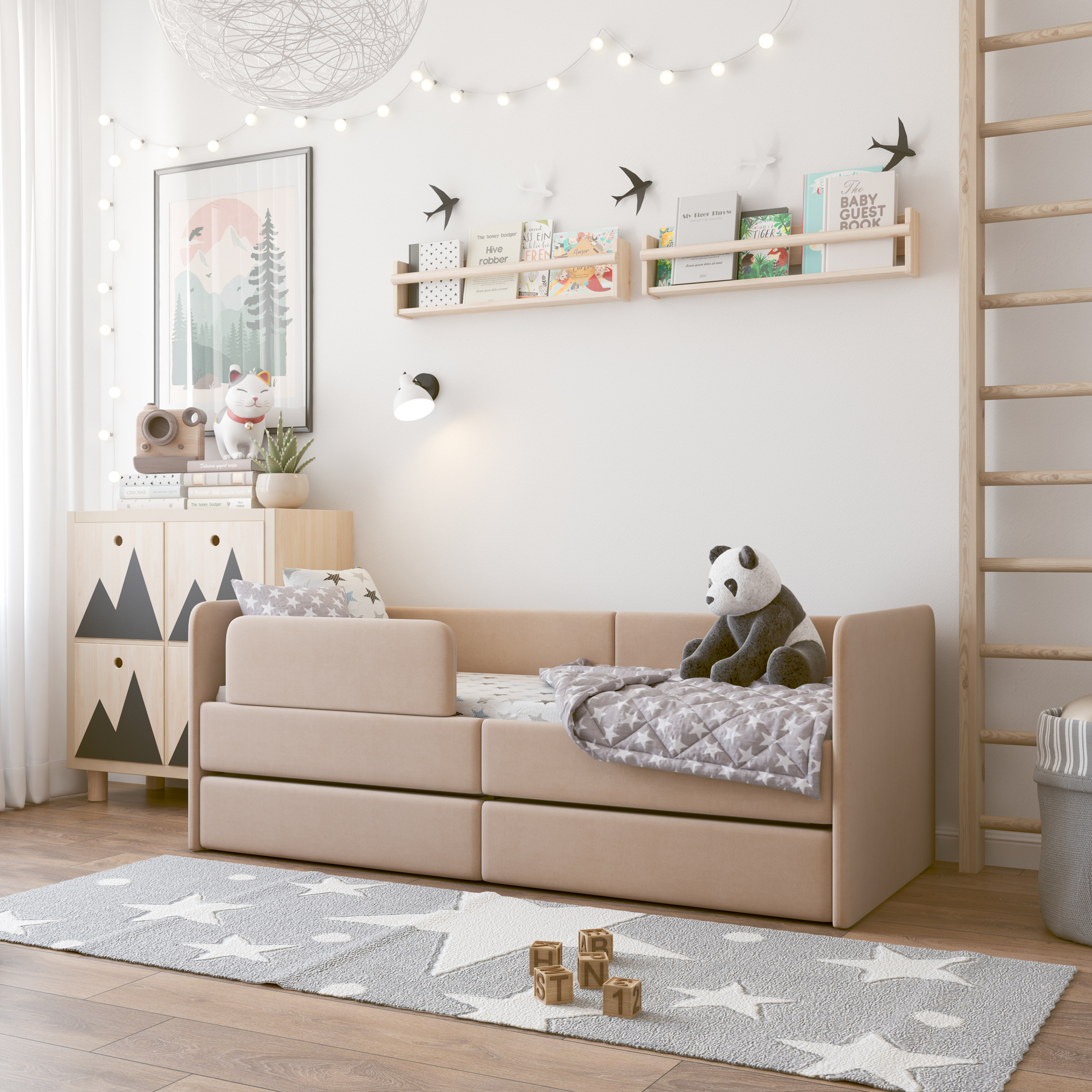 Кровать детская Romac Donny k c бортиком с ящиками с матрасом латте софа тахта 1200_180_Н