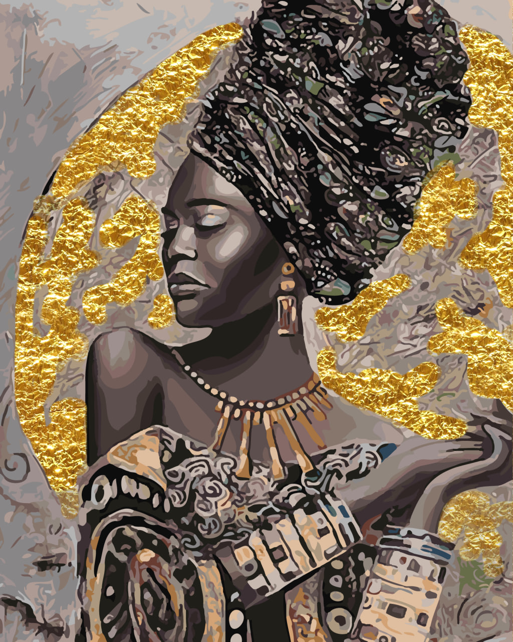 фото Картина по номерам delart на холсте 40х50 на подрамнике с золотой поталью "африканка".