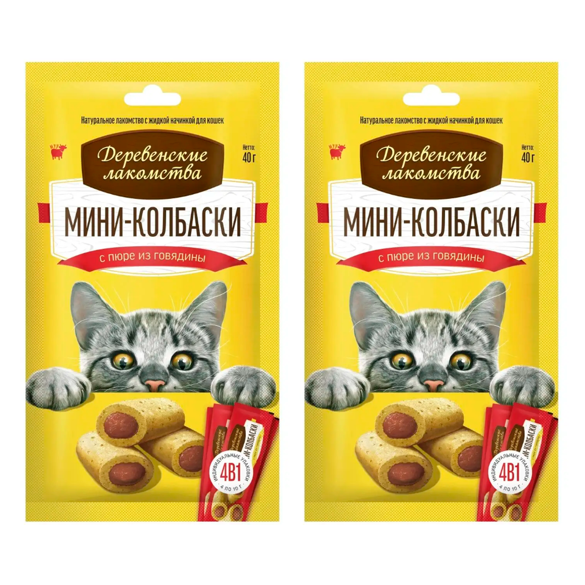 

Лакомство для кошек Деревенские лакомства Мини-колбаски, говядина, 4 шт по 10 г, 2 уп