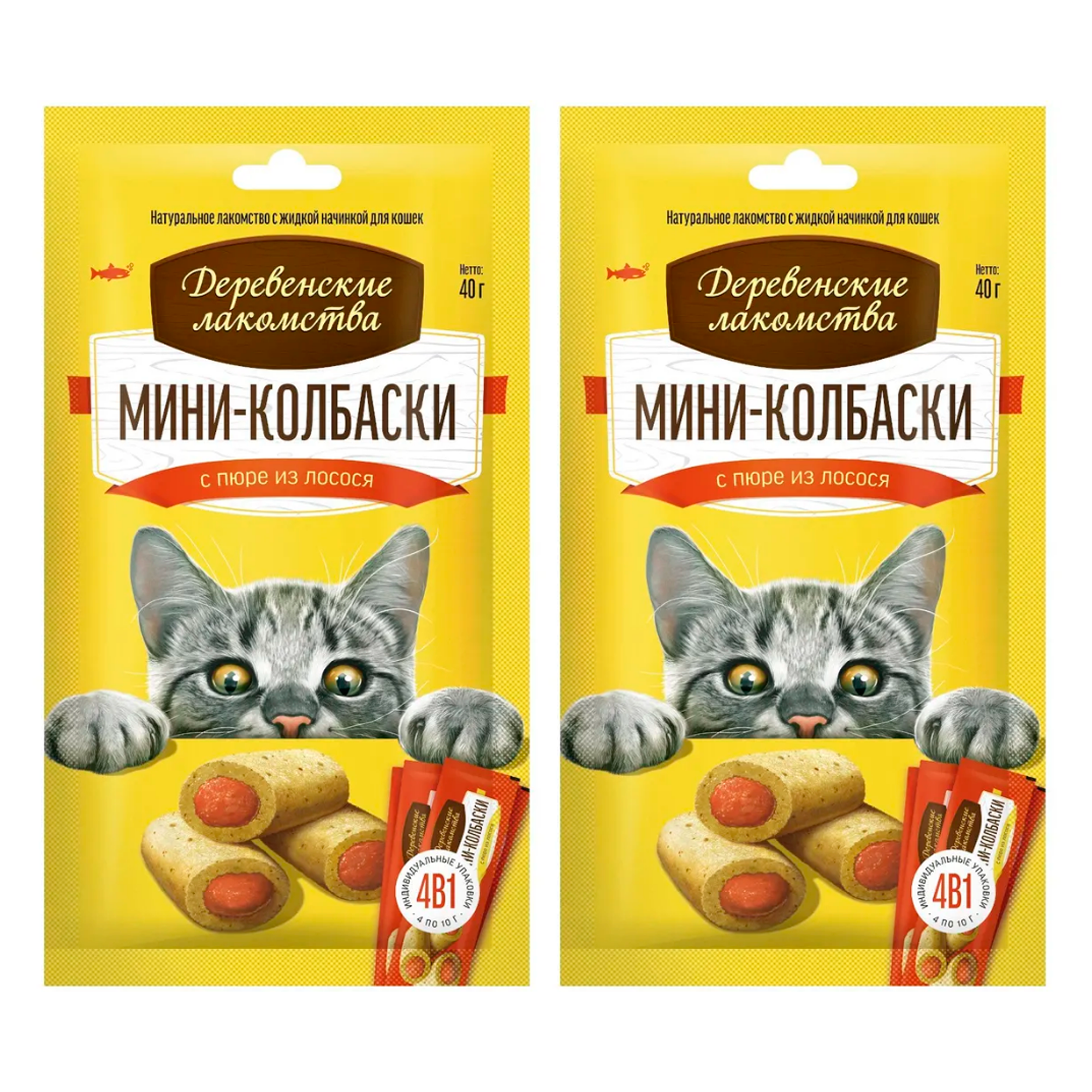 

Лакомство для кошек Деревенские лакомства Мини-колбаски, лосось, 4 шт по 10 г, 2 уп