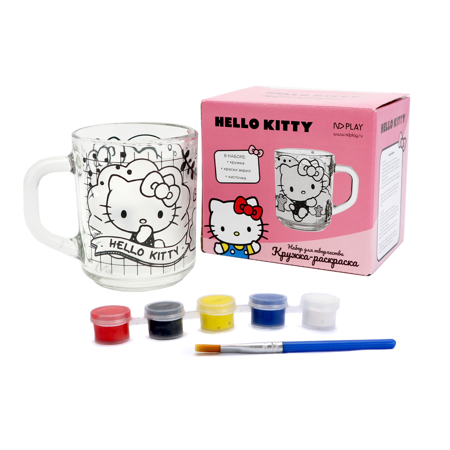 Кружка для раскрашивания ND Play Hello Kitty 311168 с красками и кисточкой, 230 мл стекло